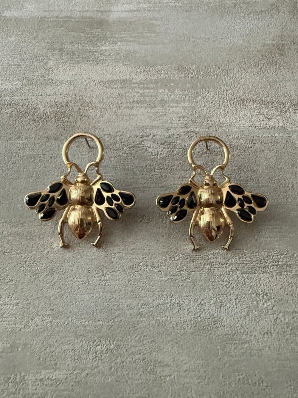 Gold Bee-Shaped Earrings Black Rhinestone Wing Detailing Post Back Oversized